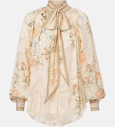 Camilla, Embellished floral tie-neck silk-blend blouse, Women, Pink, US 6, Tops