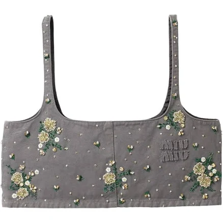 Miu Miu - floral-embellished crop top - women - Cotton - 36 - Grey