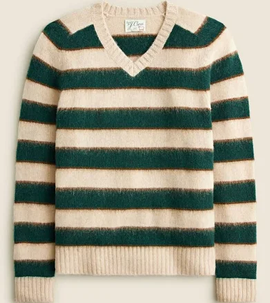 J Crew 100% Brushed Shetland Wool V-neck Sweater In Cream & Green