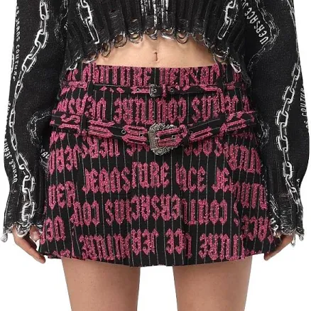 Versace Pleated Mini Women Skirt With Buckled Belt - Black