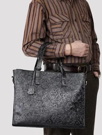 Handcrafted Full Grain Leather Floral Embossing Briefcase