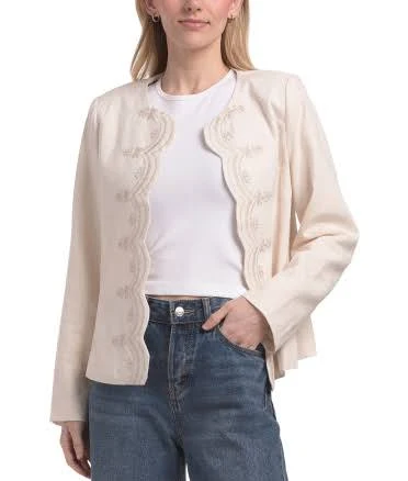 Embroidered Scalloped Linen Blend Jacket
