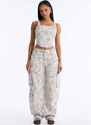 Fashion Nova Sleeveless Twill Corset Wide Leg Pant Set