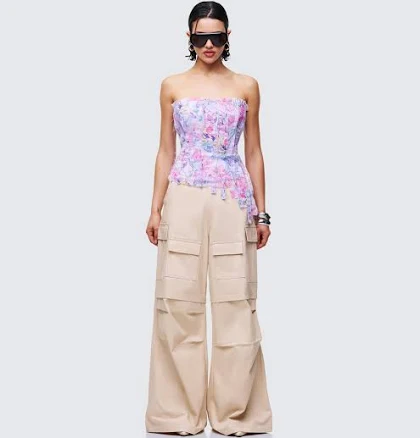 Purple Floral Corset Top & Beige Cargo Pants Set