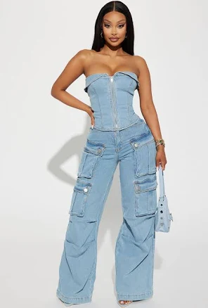 Fashion Nova Cropped Corset Wide Leg Denim Pant Set