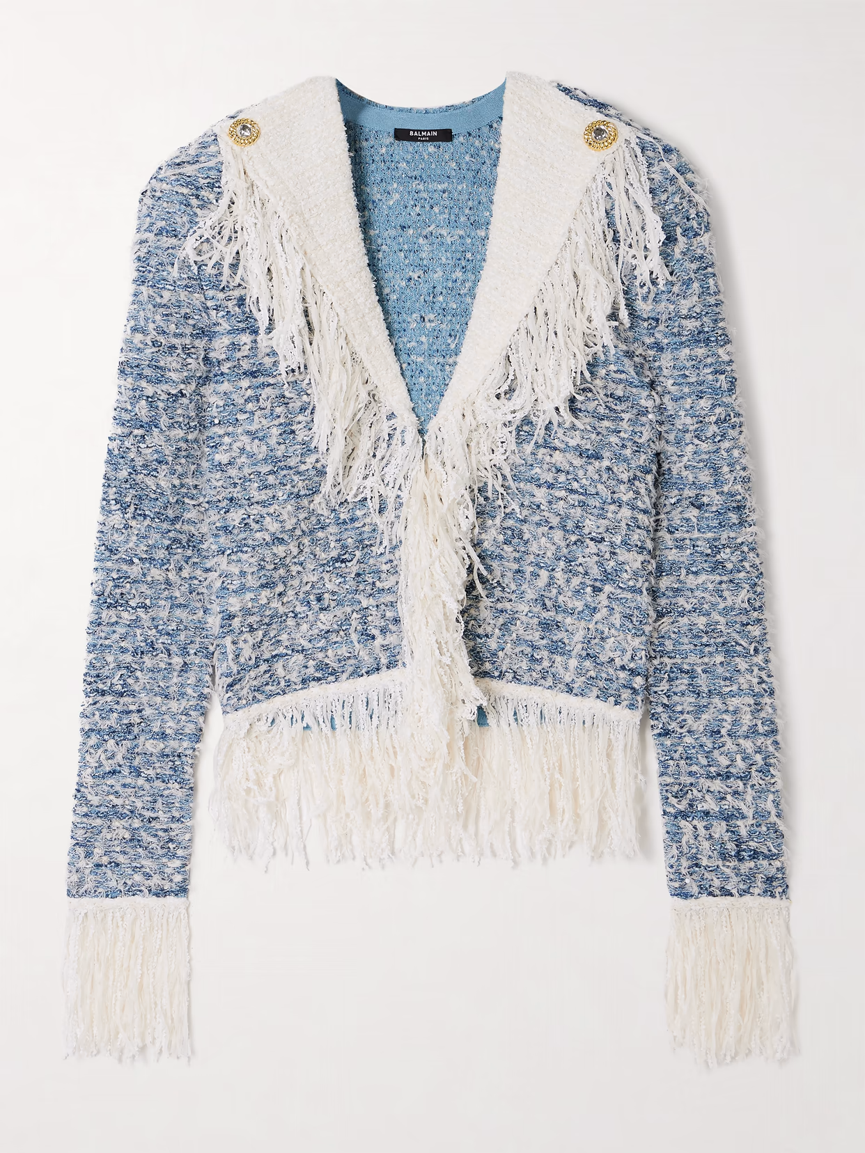 Collarless Fringed Tweed Jacket