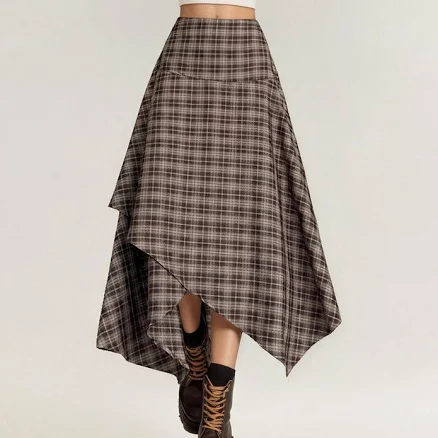 Anna-Kaci Women's Asymmetrical Plaid Midi Skirt with Layered Handkerchief Hem