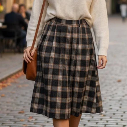 Cottagecore High Waisted Wool Blend Plaid Midi Skirt