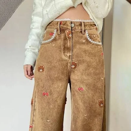 Teddy Bear Embroidered Patchwork Wide Leg Jeans