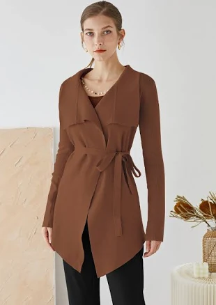 Wide Lapel Tie Waist Knit Cardigan