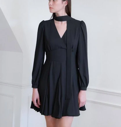 vemver Tie collar flare dress_black