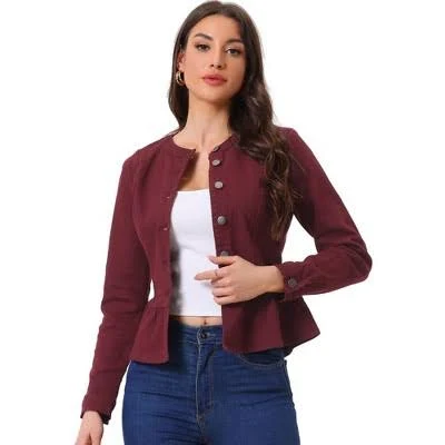 Women's Peplum Denim Collarless Round Neck Cropped Ruffle Hem Jacket