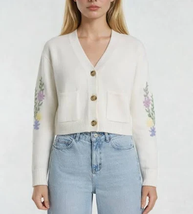 Floral Embroidered Cropped Cardigan