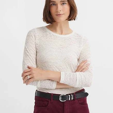 Loft Women's Floral Lace Long Sleeve Crew Neck T-Shirt