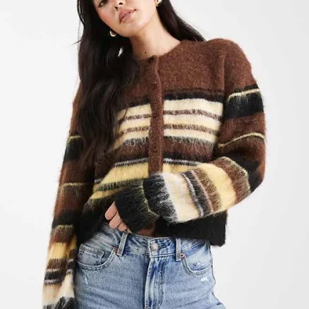 ASOS Design Brushed Relaxed Stripe Crew Neck Cardigan