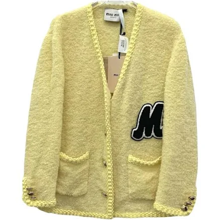 Miu Miu Yellow Wool Bouclé Knit Cardigan with Chenille Logo