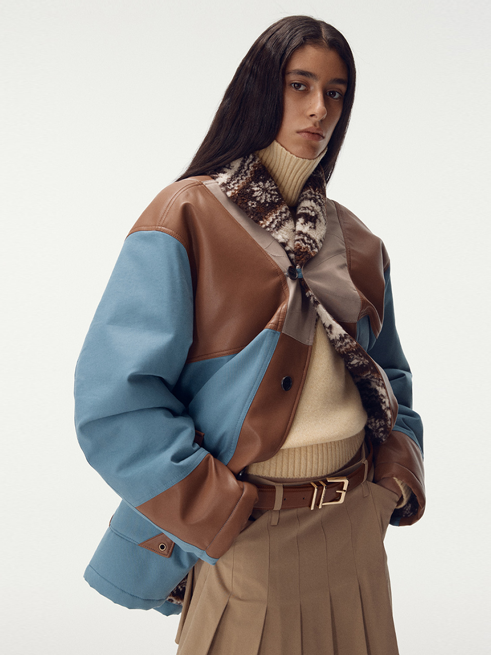 Shawl Collar Blocking Jacket (Blue)