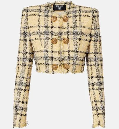 Balmain Women's Glitter Plaid Tweed Cropped Jacket