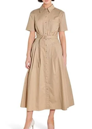 FREEMARKET Women's Cotton Poplin Belted Midi Shirt Dress