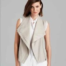 Vince Sand/Beige Leather and Linen Sleeveless Moto Vest Sz S