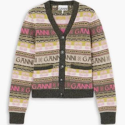 GANNI Intarsia-knit wool-blend cardigan - Women - Dark green Knitwear - XXXL