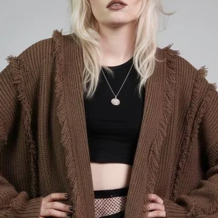 Girl Brown Distressed Open Front Cardigan Shredded Knitted Cloak