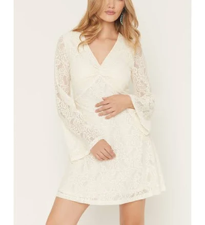Shyanne Women's Lace Long Bell Sleeve Mini Dress