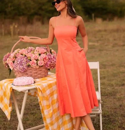 Papaya-Colored Midi Casual Dress with Pockets