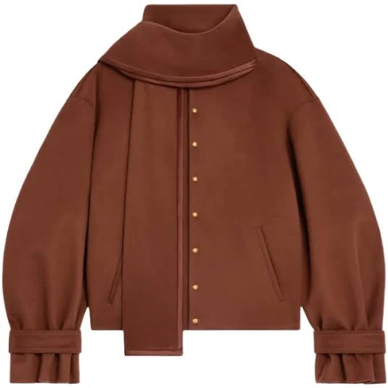 Celine Wool Cloth Women Jacket With Detachable Scarf - Cognac Color