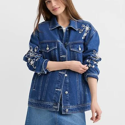 Loft Women's Oversized Floral Embroidered Denim Trucker Jacket