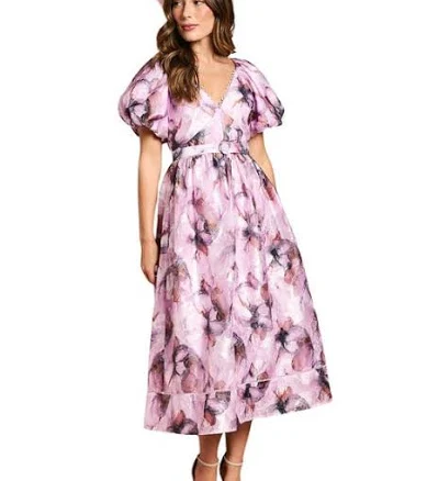 Coast Women's Puff Sleeve Belted Jacquard Midi Dress