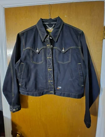Harley-davidson Women's Size Xl Black Denim Cropped Button Up Jacket