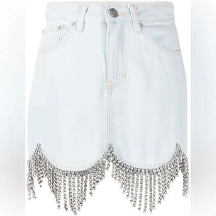 AREA Crystal-embellished Scallop-Trim Denim Skirt