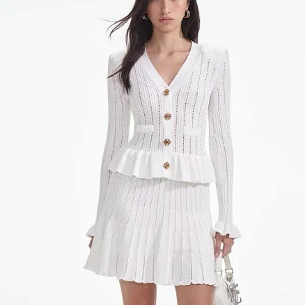 Self Portrait Women's Pointelle-Knit V-Neck Stretch-Woven Blend Mini Dress