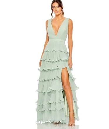 Ieena for Mac Duggal Sleeveless Ruffle Tiered V-Neck Gown