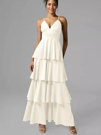 AW.Bridal A-line V-Neck Ankle Length Sleeveless Spaghetti Straps Satin Ruffles Tiered Bridesmaid Dresses Dress