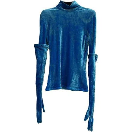 Balenciaga Blue Crushed Velvet Turtleneck Top with Gloves 40 FR