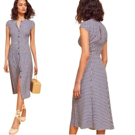 Reformation Fauna Button Front Midi Dress In Madison Check Blue Size 0