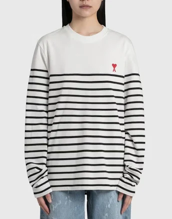 Ami Paris De Coeur Mariniere Striped Long Sleeve White Sweater Women's