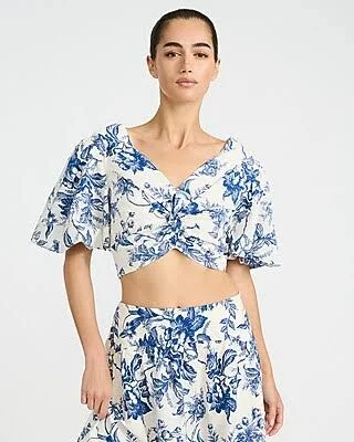 Express Women's Cotton Poplin Floral Puff Sleeve Twist Front Crop Top