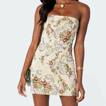 Edikted Women's Floral Tapestry Lace-Up Back Strapless Mini Dress