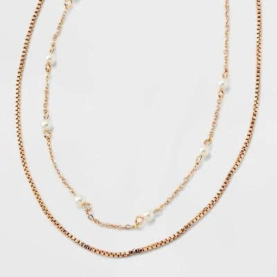 A New Day Gold 2 Row Clear Stone Pearl Ball Necklace