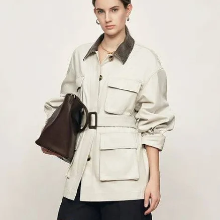 Fabrique Atticus Belted Leather-collar Women Jacket In Fine Cotton Twill