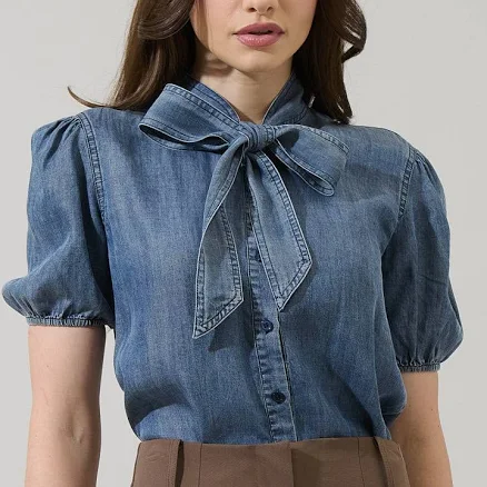 Sugarlips Georgina Chambray Button Front Bow Top