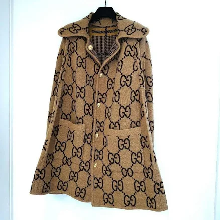Gucci Wool Cape Coat Reversible Check Gg Logo Brown Beige