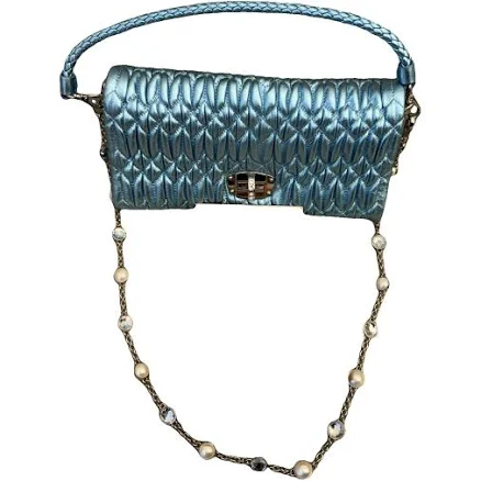 Miu Miu Blue Matelassé Satin Shoulder Bag Crystal Pearl Chain