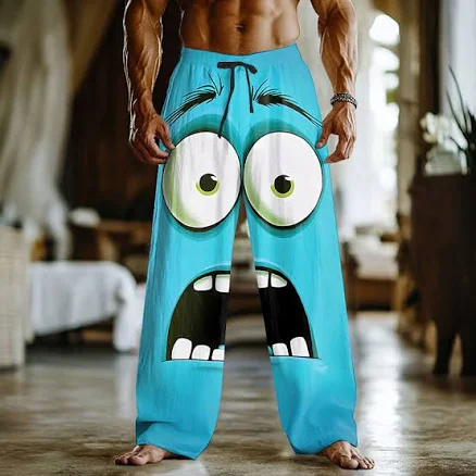 Men's Baggy Mid Waist 3D Cartoon Smile Face Linen-Like Pants