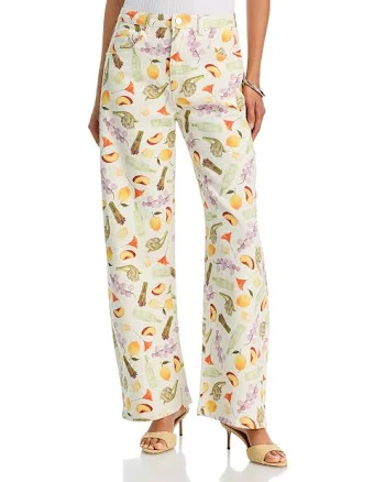 Aqua Women's Printed High Rise Wide Leg Jeans in Fruit Print - Exclusive - Ivory/Cream - Size 24 - Fruit Print