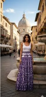 Italian Luxury Purple Majolica print 100% cotton 3 tier gathered skirt