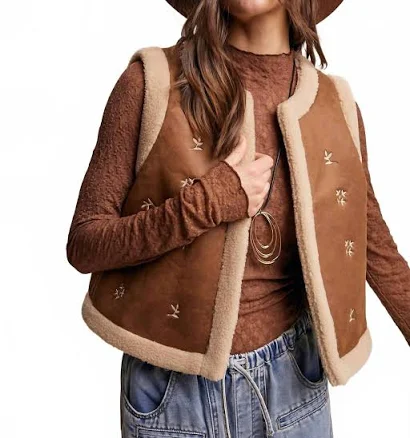 Embroidered Faux Suede Shearling Vest